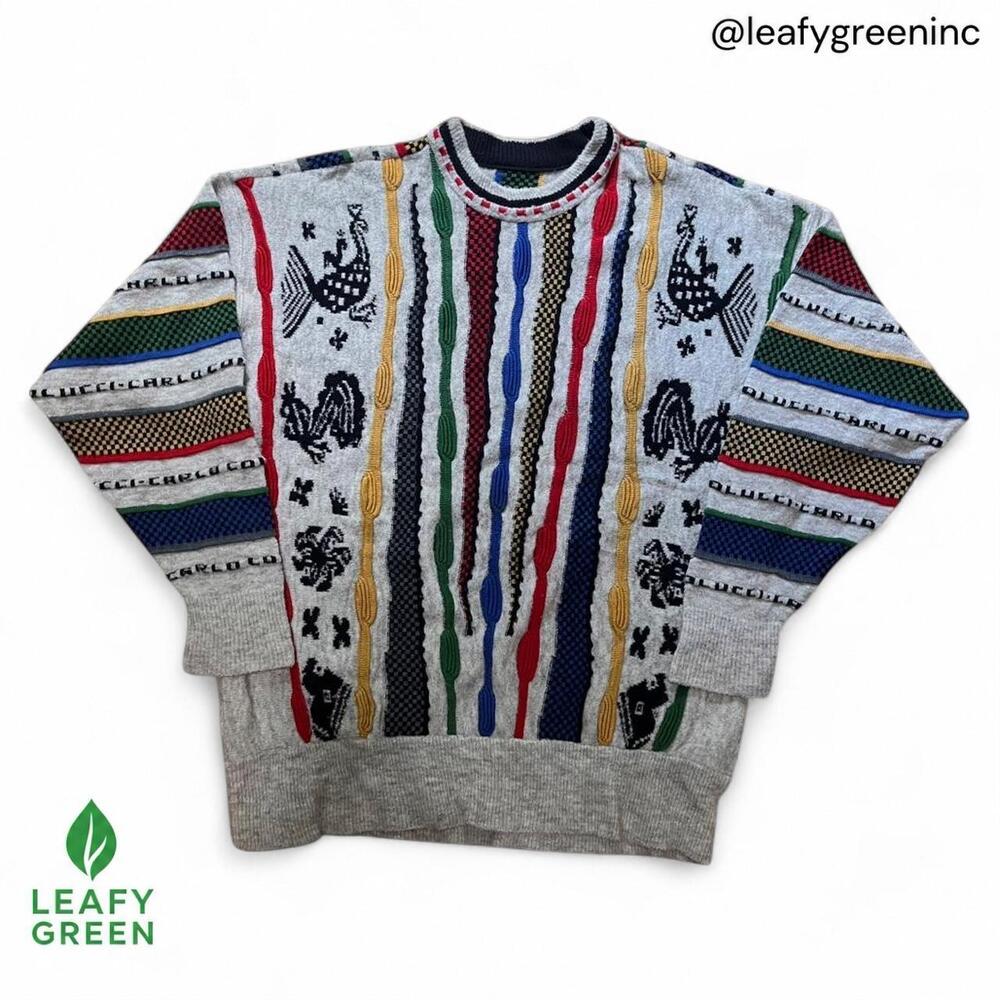 VTG 90s Coogi Original Style Carlo Colucci White Wool Sweater us L Chunky Knit